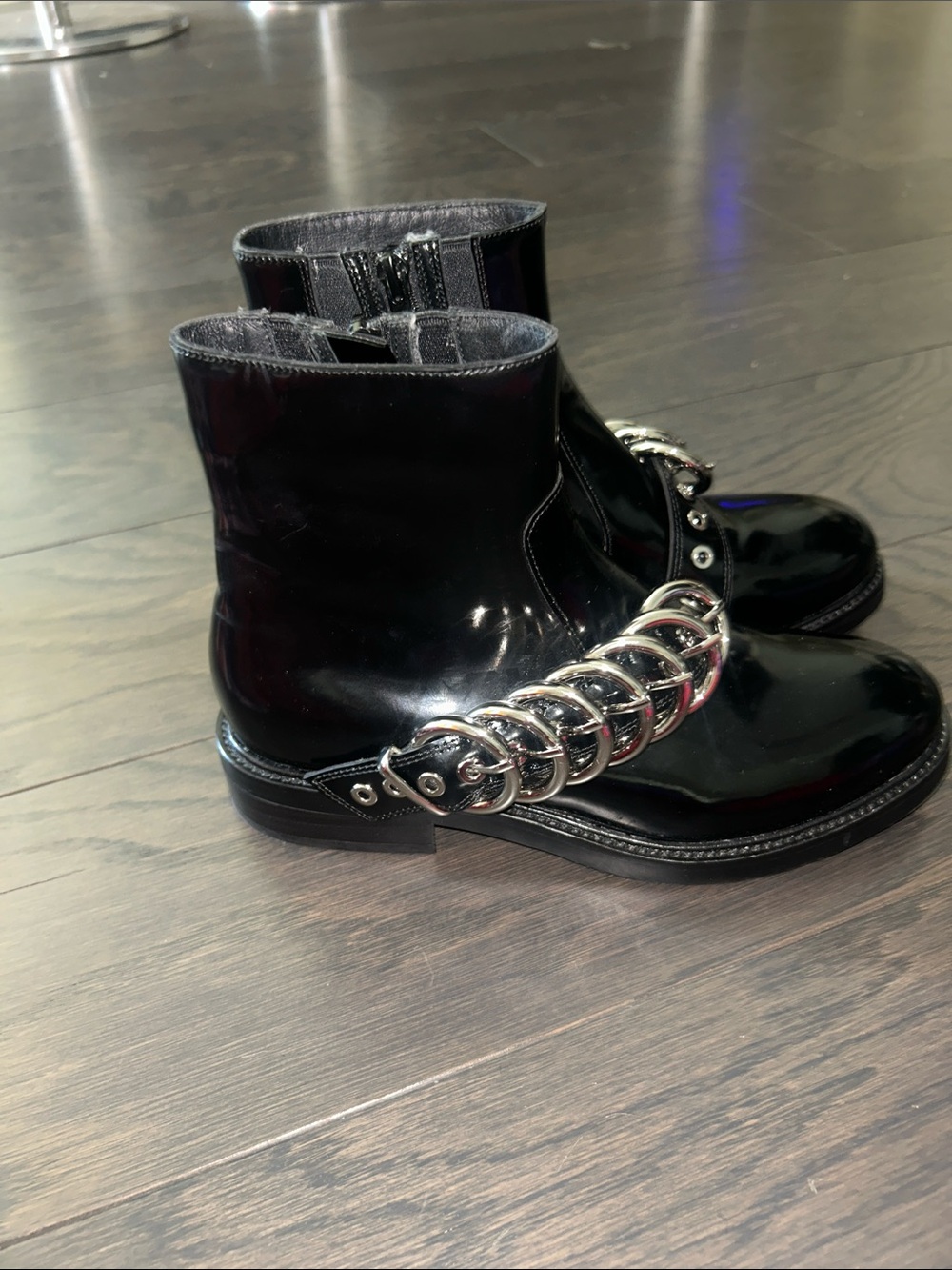 Jeffrey Campbell Black Patent Ankle Boots with Silver Chain Accent - Picture 4 of 5